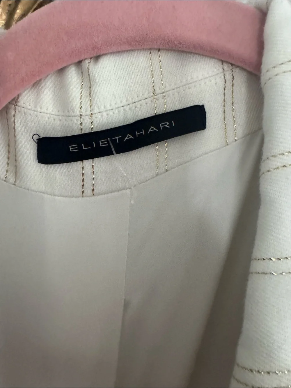 Elie Tahari Cream Double-Breasted Pinstripe Blazer with Gold Buttons
